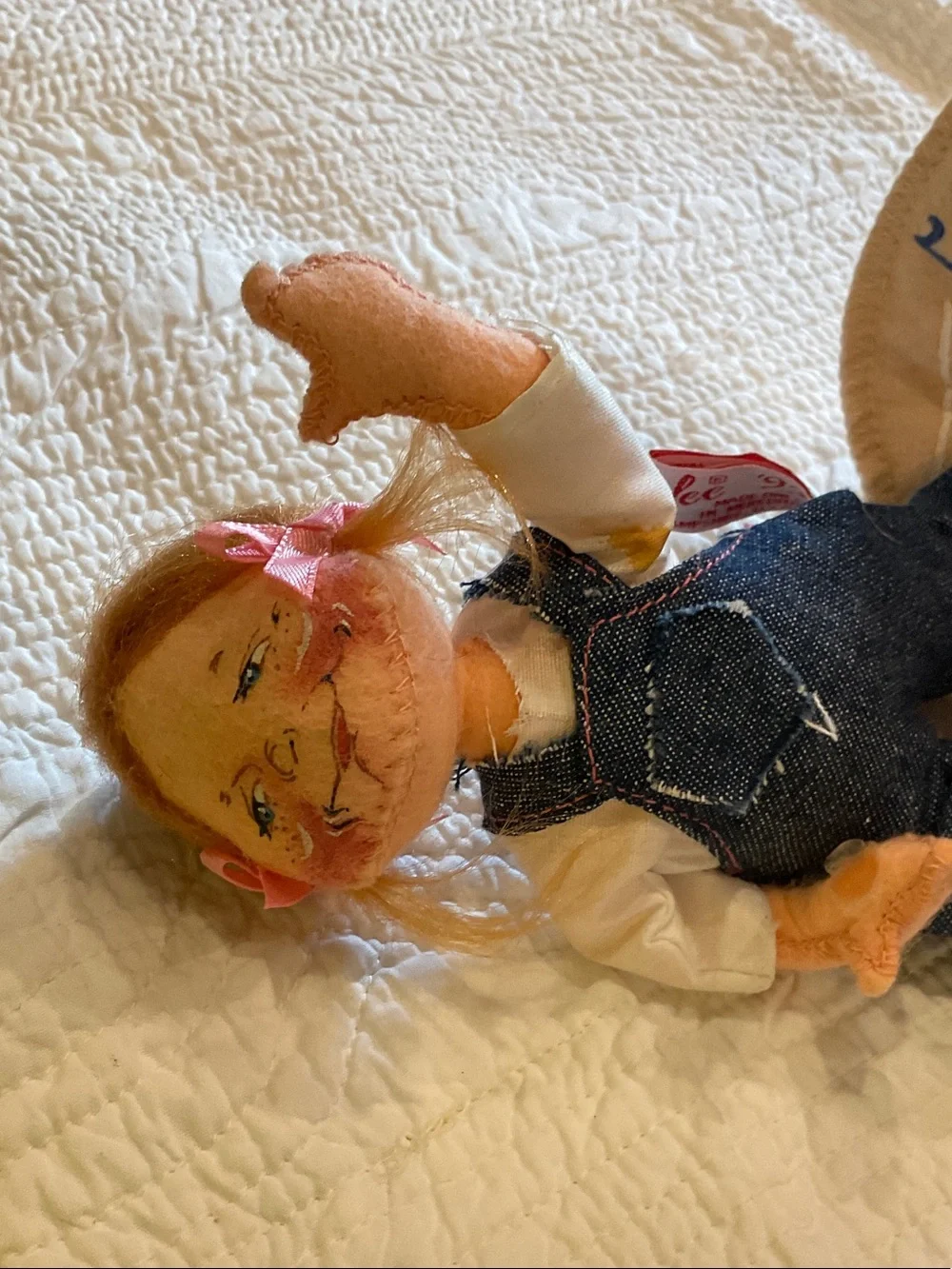 Annalee Doll with Pink Bows, Blonde Hair and Denim Dress
